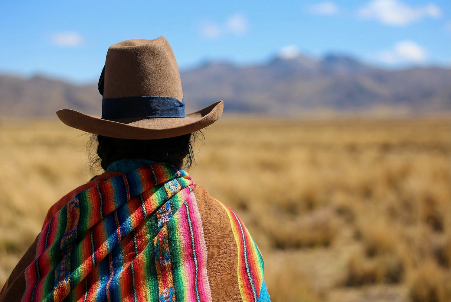 Person wearing a traditional Andean shawl looking across the Peruvian highlands