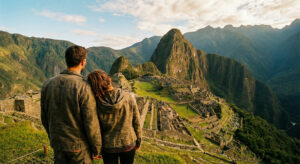 Couple admiring Machu Picchu at sunrise, standing above the Inca citadel with Huayna Picchu mountain rising in the background, surrounded by lush green Andean peaks in Peru.