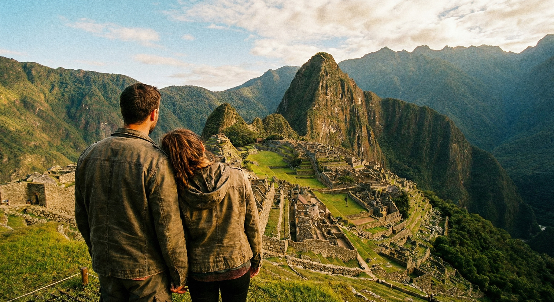 Couple admiring Machu Picchu at sunrise, standing above the Inca citadel with Huayna Picchu mountain rising in the background, surrounded by lush green Andean peaks in Peru.