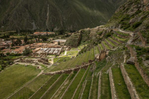 Inca terraces and stone ruins overlooking the Sacred Valley of Peru,