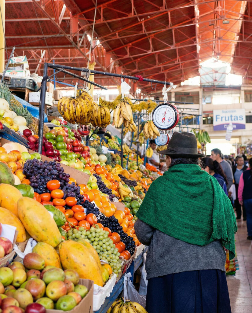 A shopper browsing colorful fruit stalls inside San Camilo Market in Arequipa, Peru, surrounded by bananas, papayas, grapes, and local produce.